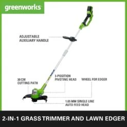 GreenWorks G24LT30MK2 Deluxe 24V Cordless Grass Trimmer / Lawn Edger (with 2Ah Battery And Charger) -Greenworks Sale Shop greenworks g24lt30m grass trimmer features product 1