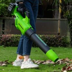 GreenWorks GD24X2ABK2X Brushless 48V (2 X 24V) Cordless Axial Blower (with 2 X 2Ah Batteries & Charger) -Greenworks Sale Shop greenworks gd24x2ab leaf blower lifestyle 1