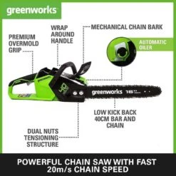 GreenWorks GD40CS18K4 40cm G-MAX 40V Cordless Chainsaw (with 4Ah Battery & 2A Charger) -Greenworks Sale Shop greenworks gd40cs18 chainsaw features product 1