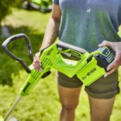 GreenWorks G40T5K2 G-MAX 40V Cordless Grass Trimmer / Edger (with 1 X 2Ah Battery And 2A Charger) -Greenworks Sale Shop greenworks gwg40t5 grass trimmer lifestyle 1 1