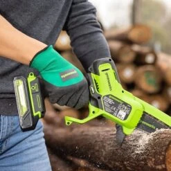 GreenWorks G24MCS10K2 24V Cordless Mini Pruning Chainsaw (with 2Ah Battery & 2A Charger) -Greenworks Sale Shop greenworks mcs10 mini chainsaw lifestyle 2 1