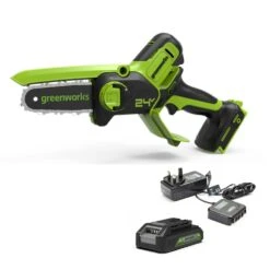 GreenWorks G24MCS10K2 24V Cordless Mini Pruning Chainsaw (with 2Ah Battery & 2A Charger)