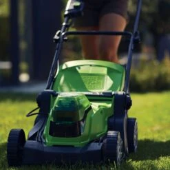 GreenWorks G24X2LM36K2X 3-in-1 36cm 48V Push Cordless Lawn Mower (with 2 X 2Ah 24V Batteries & Twin Charger) -Greenworks Sale Shop gwg24x2lm36 front 3