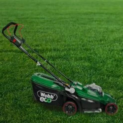Webb Eco WEV20LM33B4 20V Push Cordless Lawn Mower (with 4Ah Battery & Charger) -Greenworks Sale Shop webb wev20lm33b4 lawnmower lifestyle grass